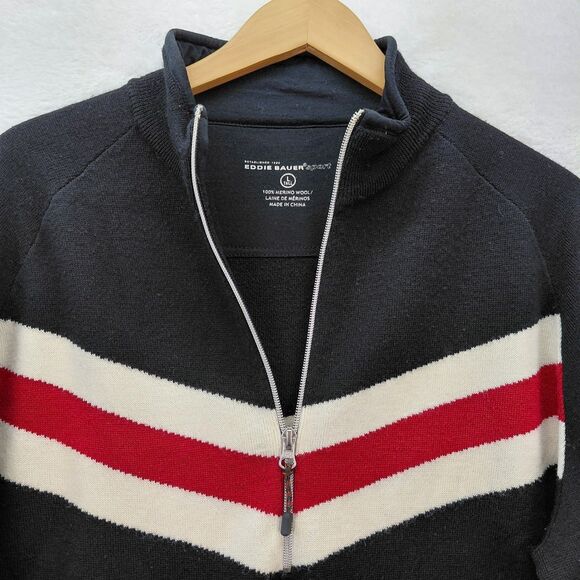 Eddie Bauer Sport Sweater Men Large Tall Black 1/4 Zip Merino Wool Nordic Ski - Picture 5 of 10